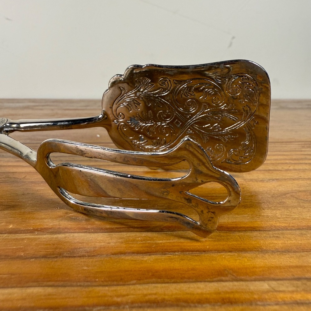 Vintage Silverplate Pastry Serving Tongs | Ornate Etched Design | Hong Kong - Picture 11 of 15